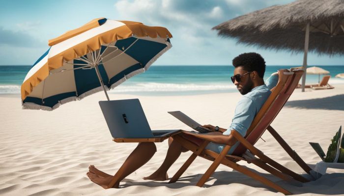 Remote work with laptop on the beach Remote work with laptop on the beach