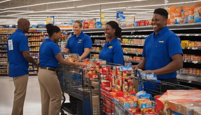 Walmart employees working in a store Walmart employees working in a store